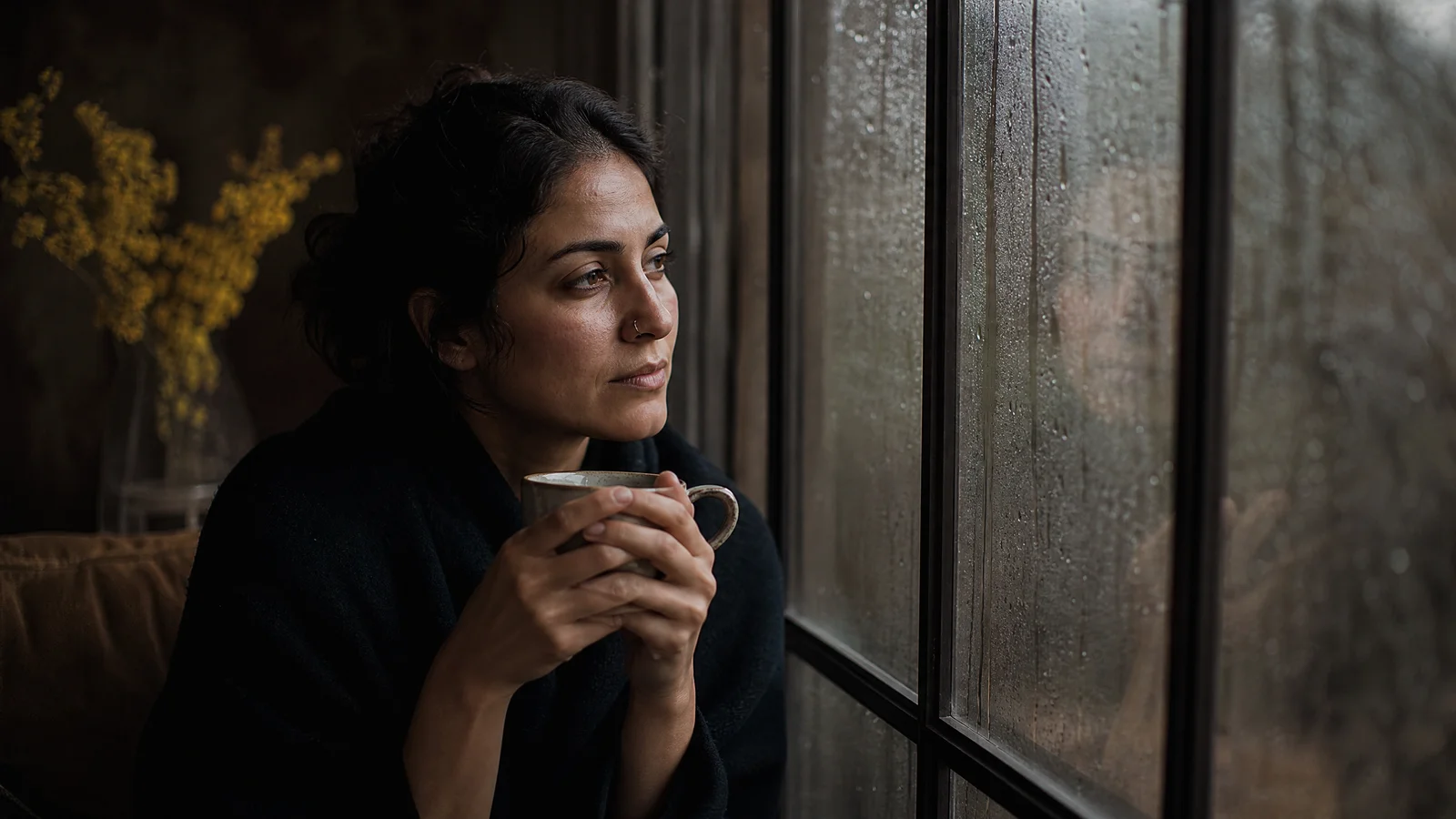 A woman sitting by a rain-streaked window, holding a cup of tea, lost in thought.