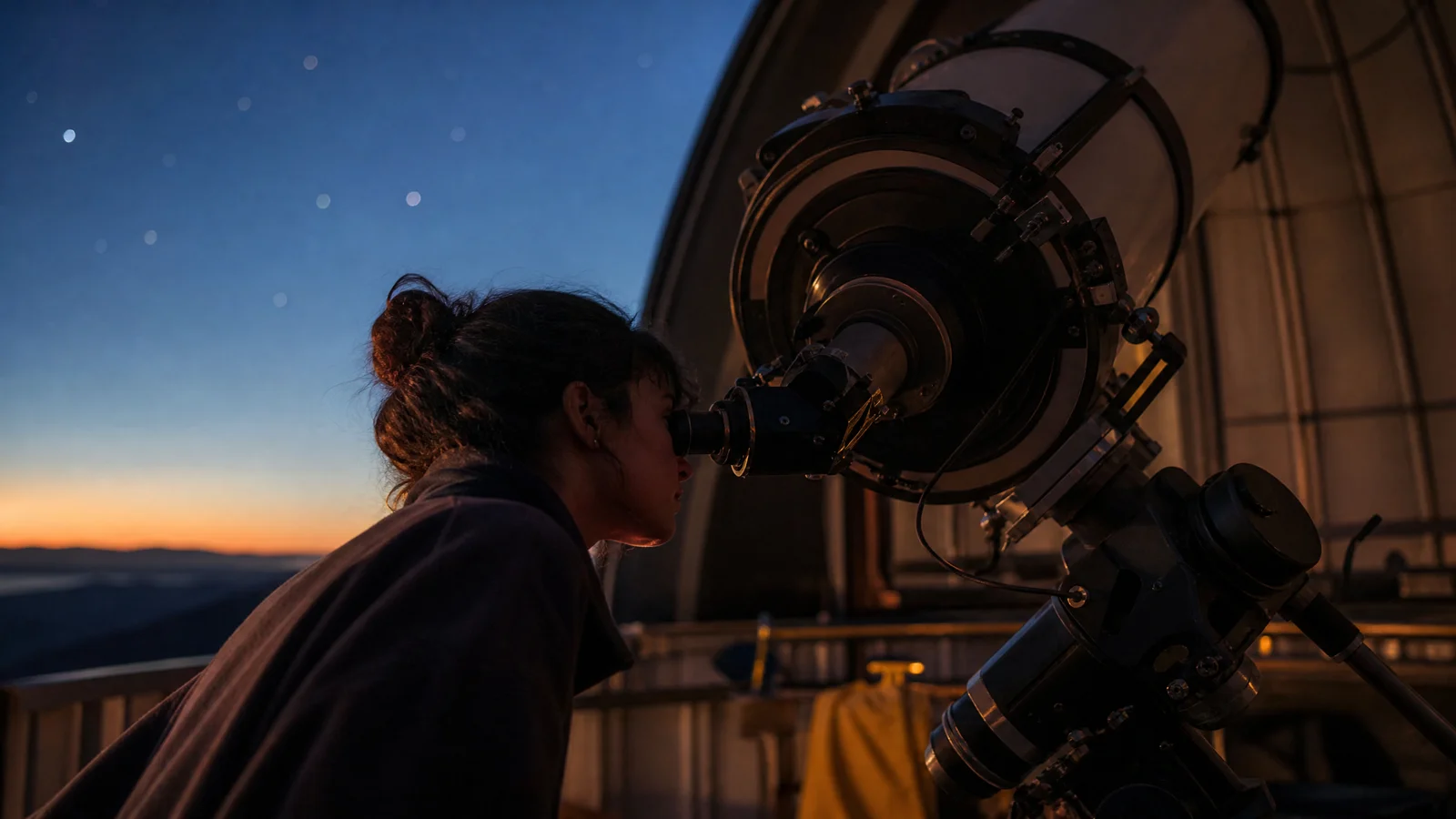 A young astronomer at an observatory at dusk, looking through a large telescope under a deep blue sky.