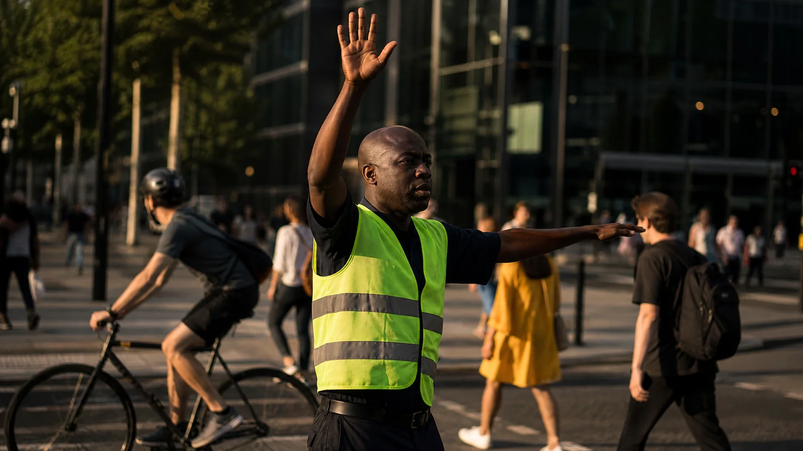 A traffic police officer at a busy city intersection, arm raised, calmly directing cars and cyclists.