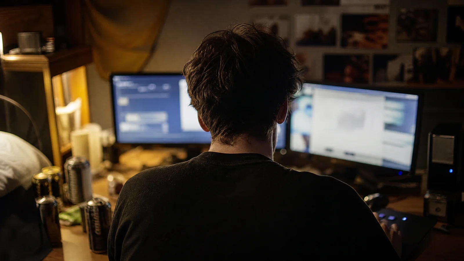 A university student in a cluttered dorm room late at night, two monitors glowing, energy drink cans on the desk.