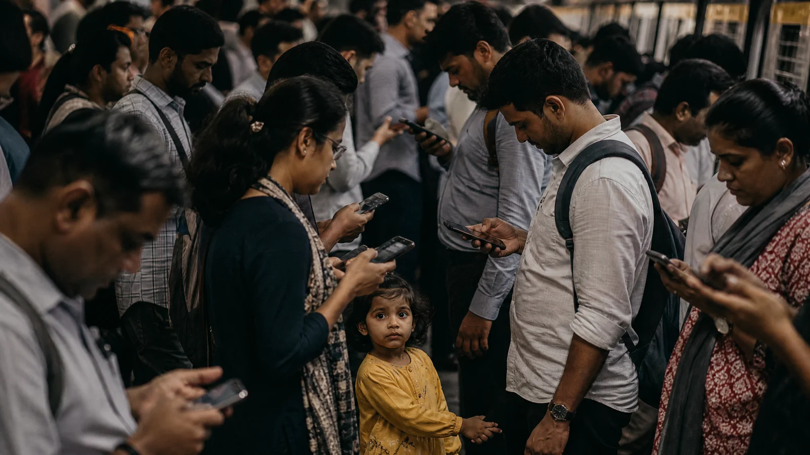 A crowded train platform at rush hour, every commuter looking down at a phone, one child looking up at the camera.