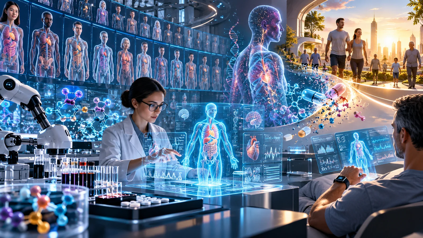 A scientist works on a glowing 3D model of a human body, beside a wall of simulated bodies, new molecules and pills, while people walk through a sunlit city.