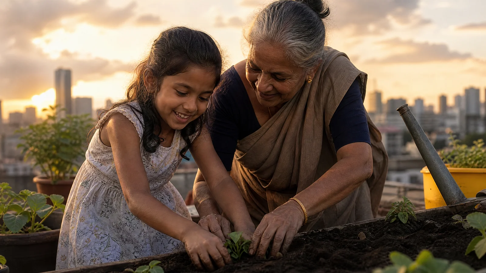 A grandmother teaches her granddaughter to plant seedlings in a rooftop garden, city skyline behind them in warm evening light.