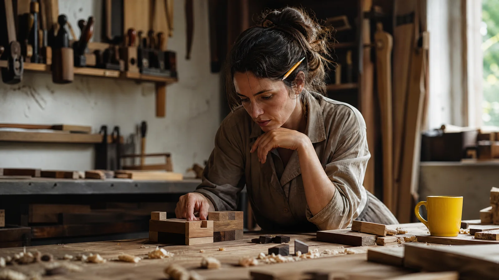 A woman in a sunlit workshop studies a half-solved wooden puzzle, pencil behind her ear.