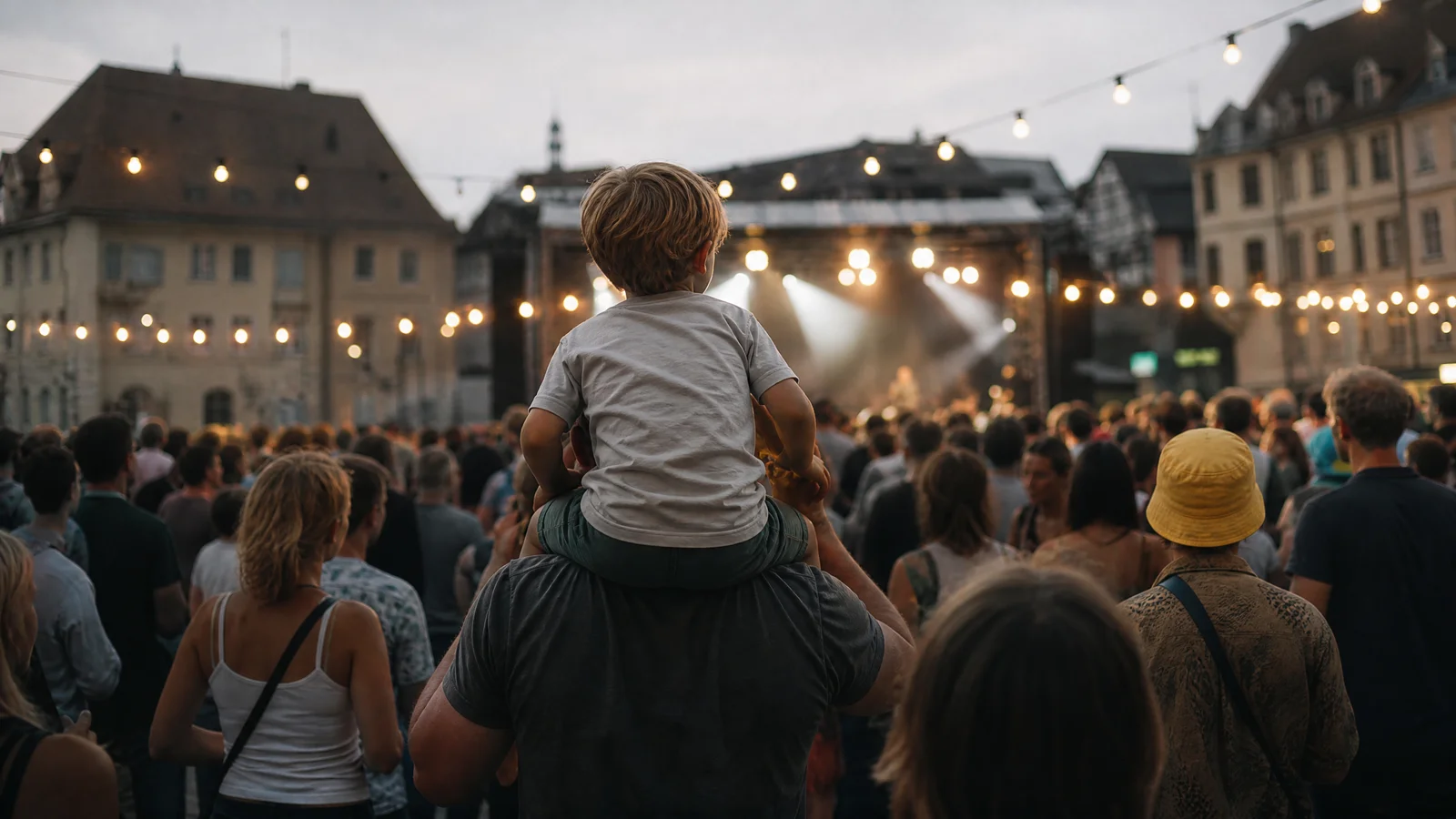 A father lifts his small son onto his shoulders at a crowded outdoor music festival, both looking toward the stage.