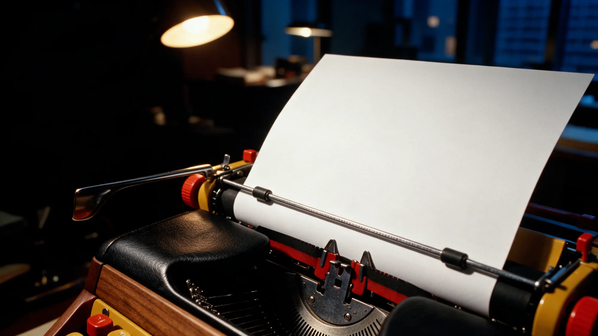 A mid-century typewriter with a blank sheet of paper, lit by a desk lamp.